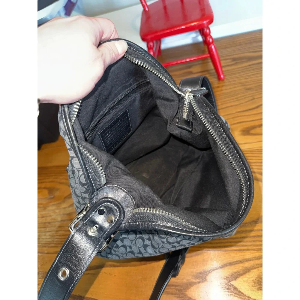 Coach Signature Stripe Crossbody‎ Bag Black Grey Canvas Leather Tassel